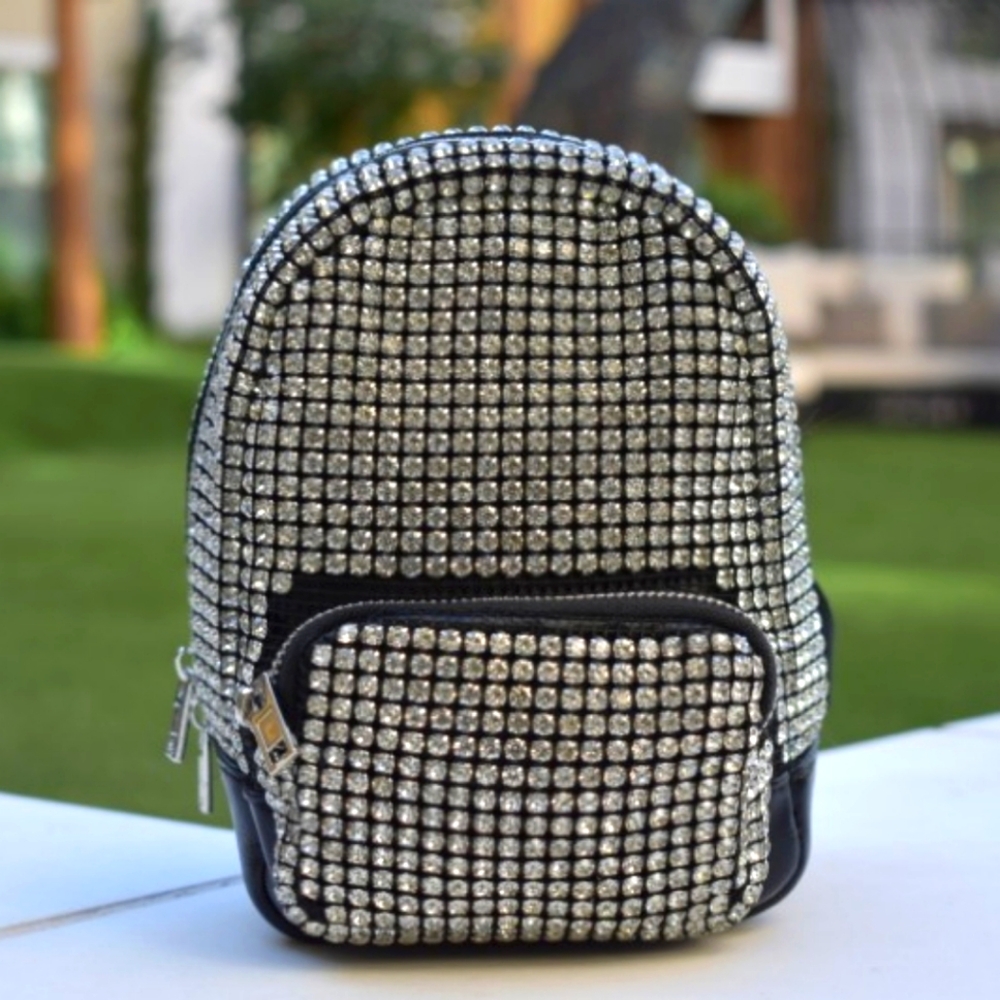 LMD 9000 Mini Silver Rhinestone Embellished Black Leather Women's Backpack